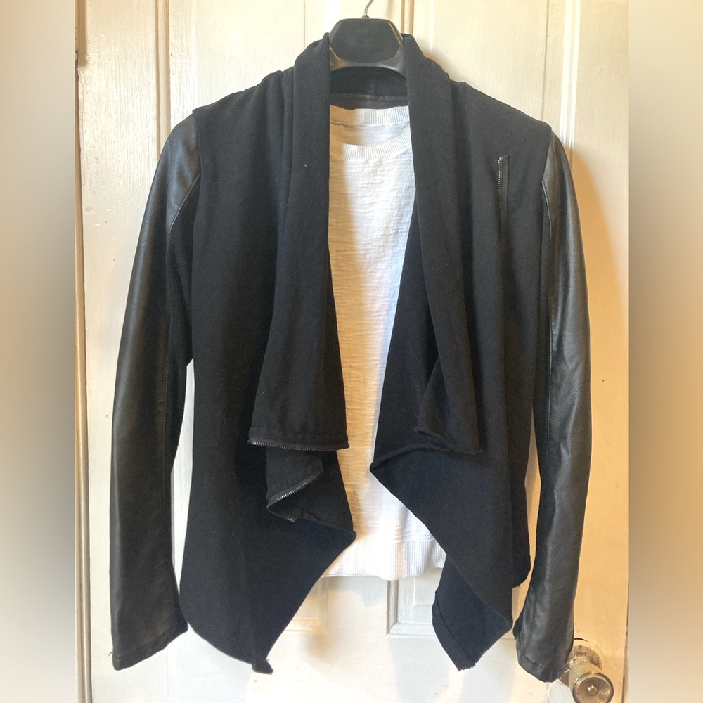 Moto meets bomber jacket, vinyl + cotton waterfall collar, asymmetrical zip